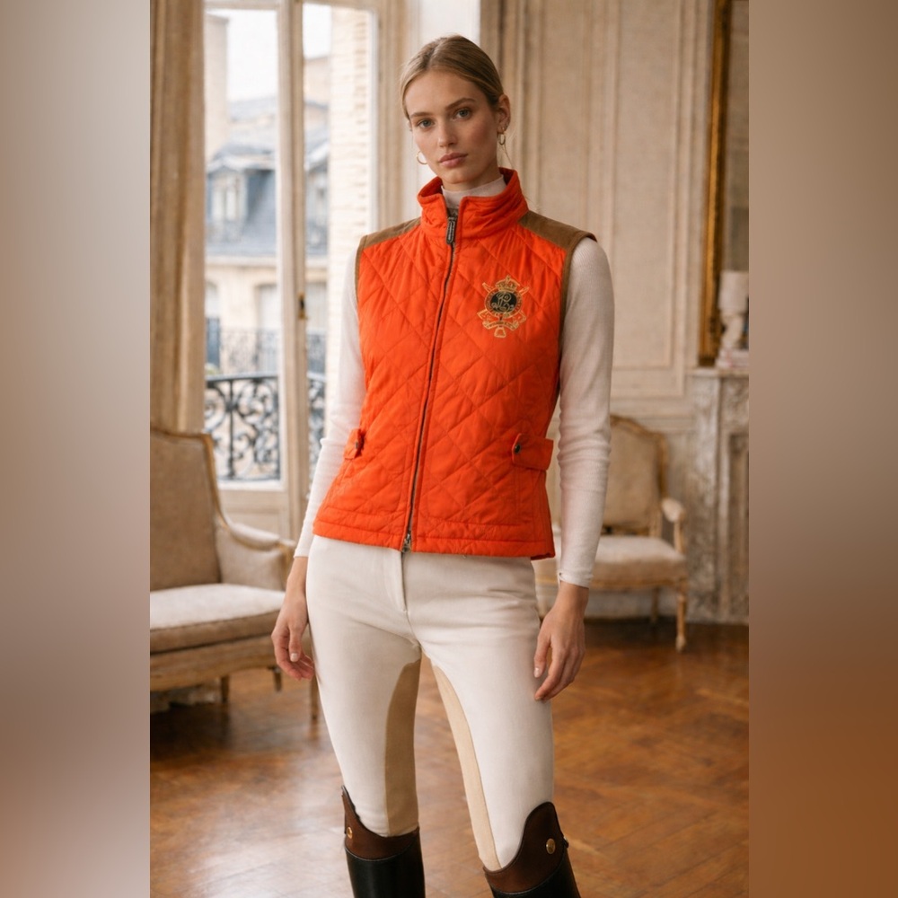 Vintage‎ Y2K Ralph Lauren Sport Quilted Vest Orange Suede Trim Equestrian Crest